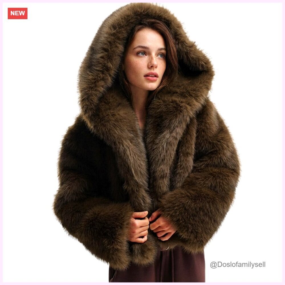 Cropped Faux Fur Jacket with Hood Open Front Winter Coat